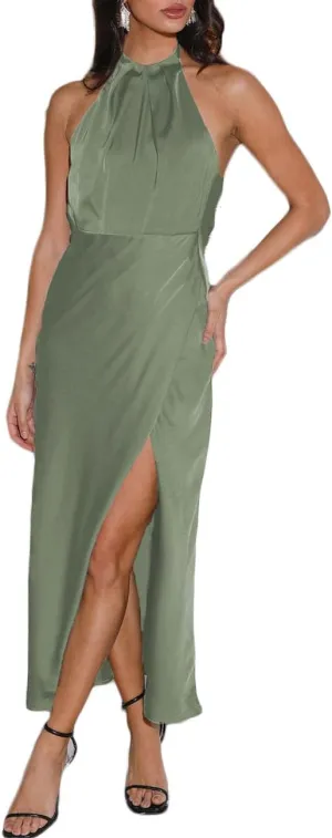 2025 Summer Satin Halter Neck Backless Slit Midi Dresses Elegant Cowl Back Ruched Wedding Guest Maxi Dress for Women