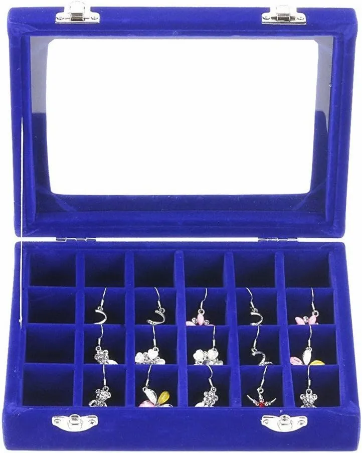 24 Grids Velvet Glass Ring Earrings Jewelry Box Earrings Organiser Storage Holder Display Case