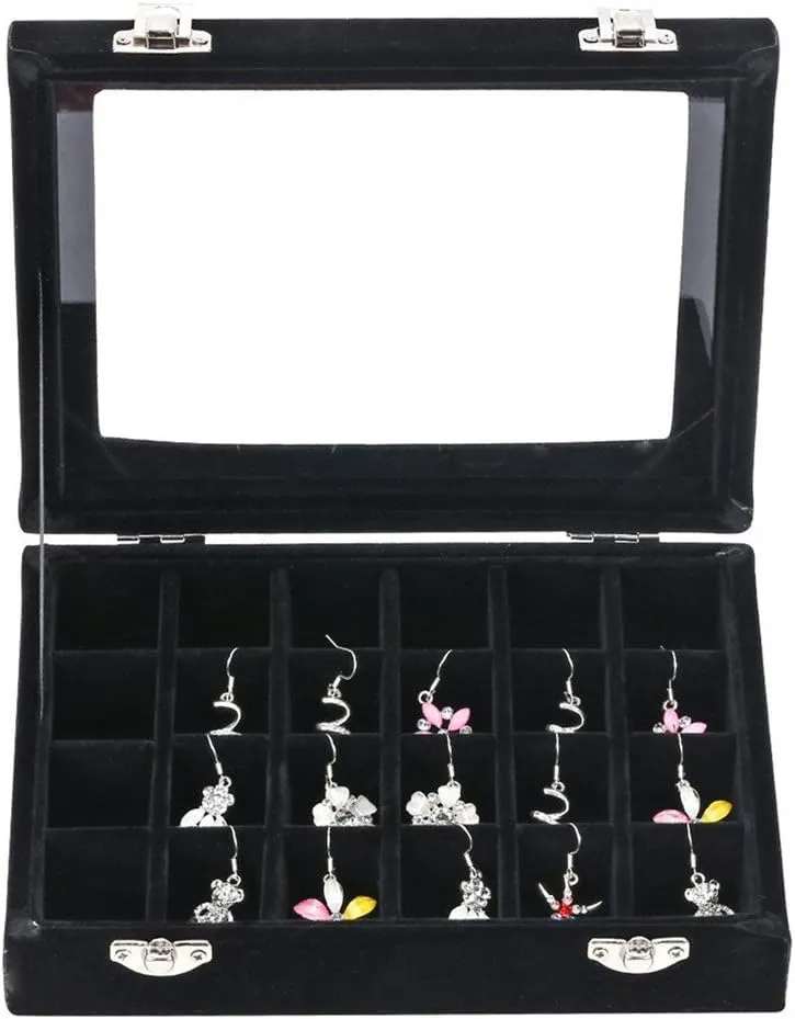 24 Grids Velvet Glass Ring Earrings Jewelry Box Earrings Organiser Storage Holder Display Case