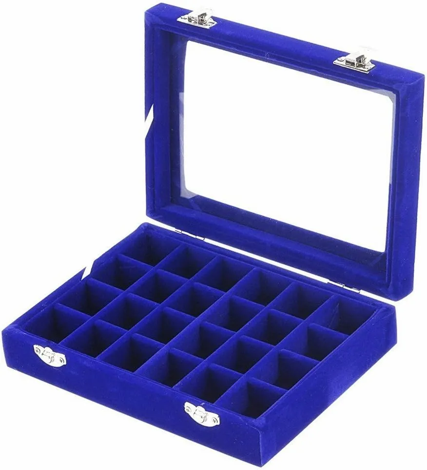 24 Grids Velvet Glass Ring Earrings Jewelry Box Earrings Organiser Storage Holder Display Case