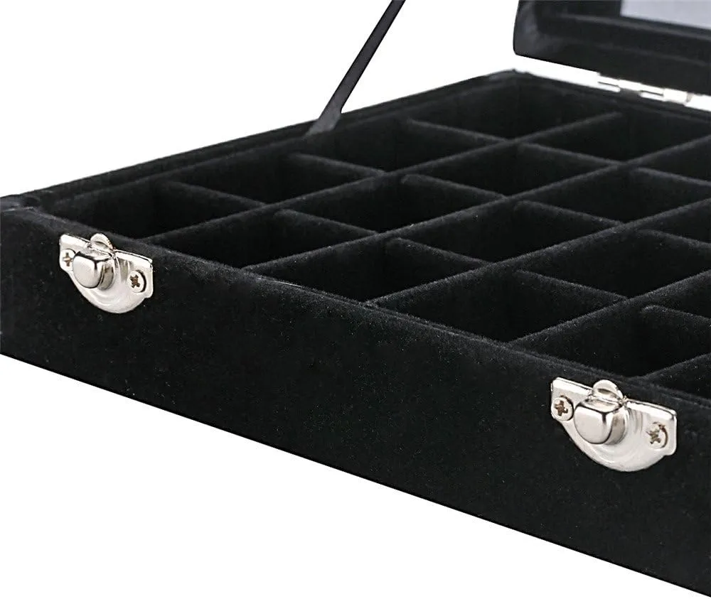 24 Grids Velvet Glass Ring Earrings Jewelry Box Earrings Organiser Storage Holder Display Case