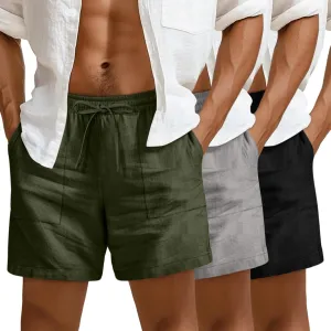 3 Pack Men's Linen Shorts, 3.5 Inch Cotton Drawstring Casual Summer Shorts Elastic Waist Beach Bottom with Pockets