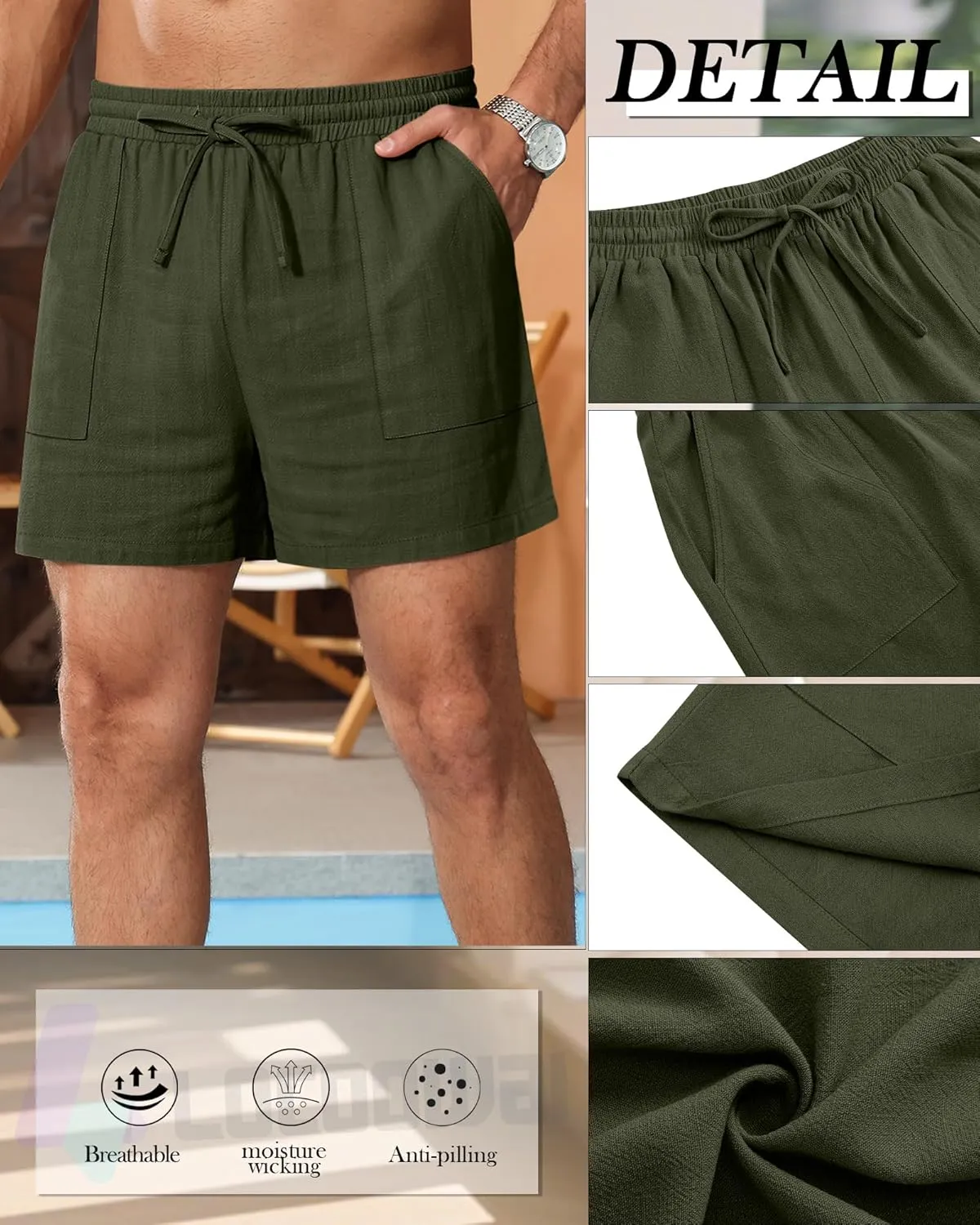 3 Pack Men's Linen Shorts, 3.5 Inch Cotton Drawstring Casual Summer Shorts Elastic Waist Beach Bottom with Pockets