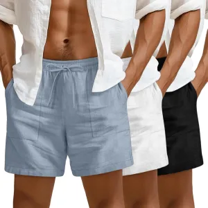 3 Pack Men's Linen Shorts, 3.5 Inch Cotton Drawstring Casual Summer Shorts Elastic Waist Beach Bottom with Pockets