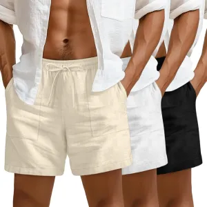 3 Pack Men's Linen Shorts, 3.5 Inch Cotton Drawstring Casual Summer Shorts Elastic Waist Beach Bottom with Pockets