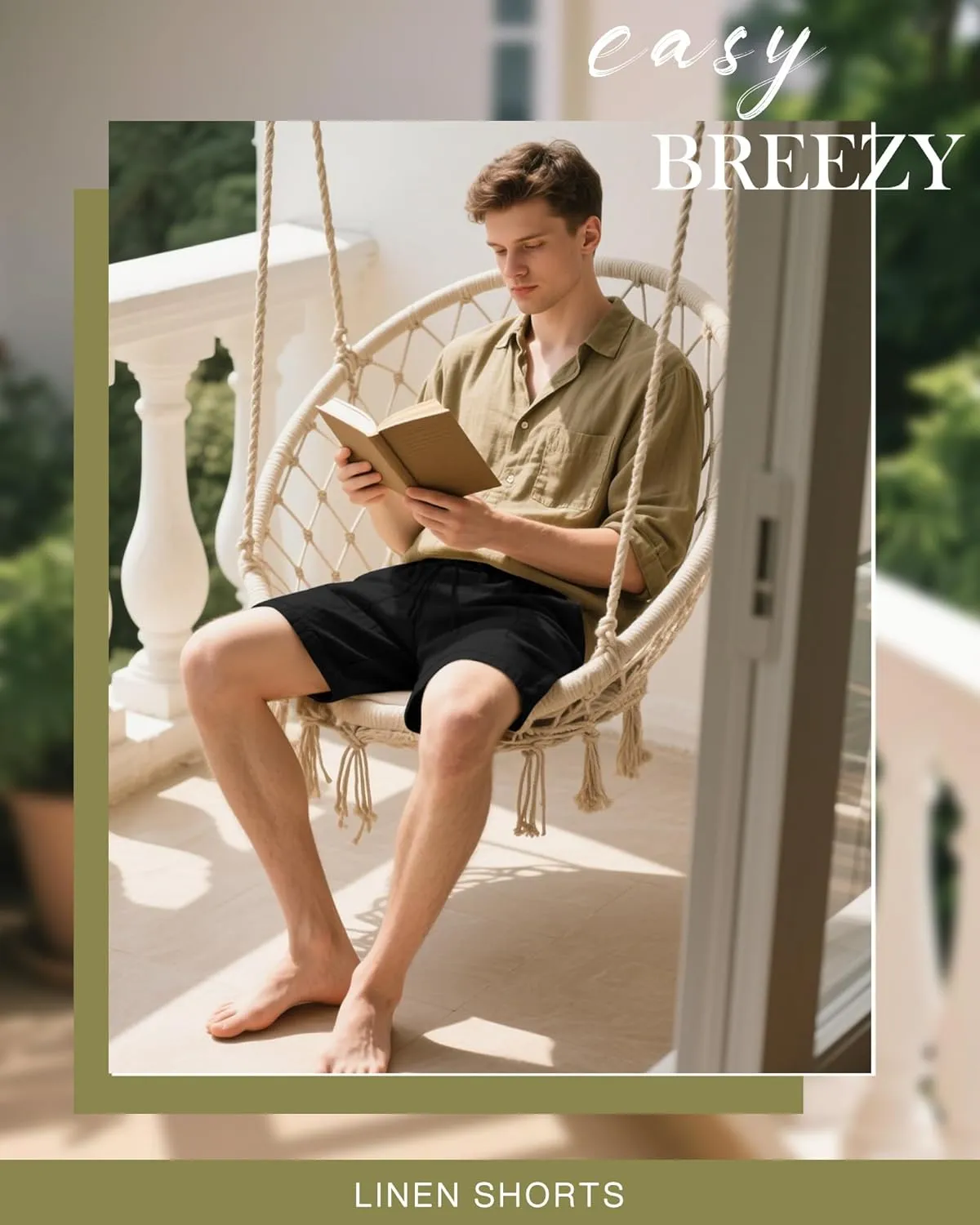 3 Pack Men's Linen Shorts, 3.5 Inch Cotton Drawstring Casual Summer Shorts Elastic Waist Beach Bottom with Pockets