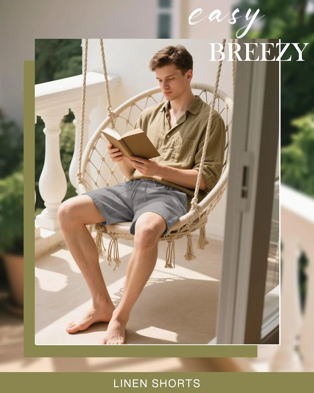 3 Pack Men's Linen Shorts, 3.5 Inch Cotton Drawstring Casual Summer Shorts Elastic Waist Beach Bottom with Pockets