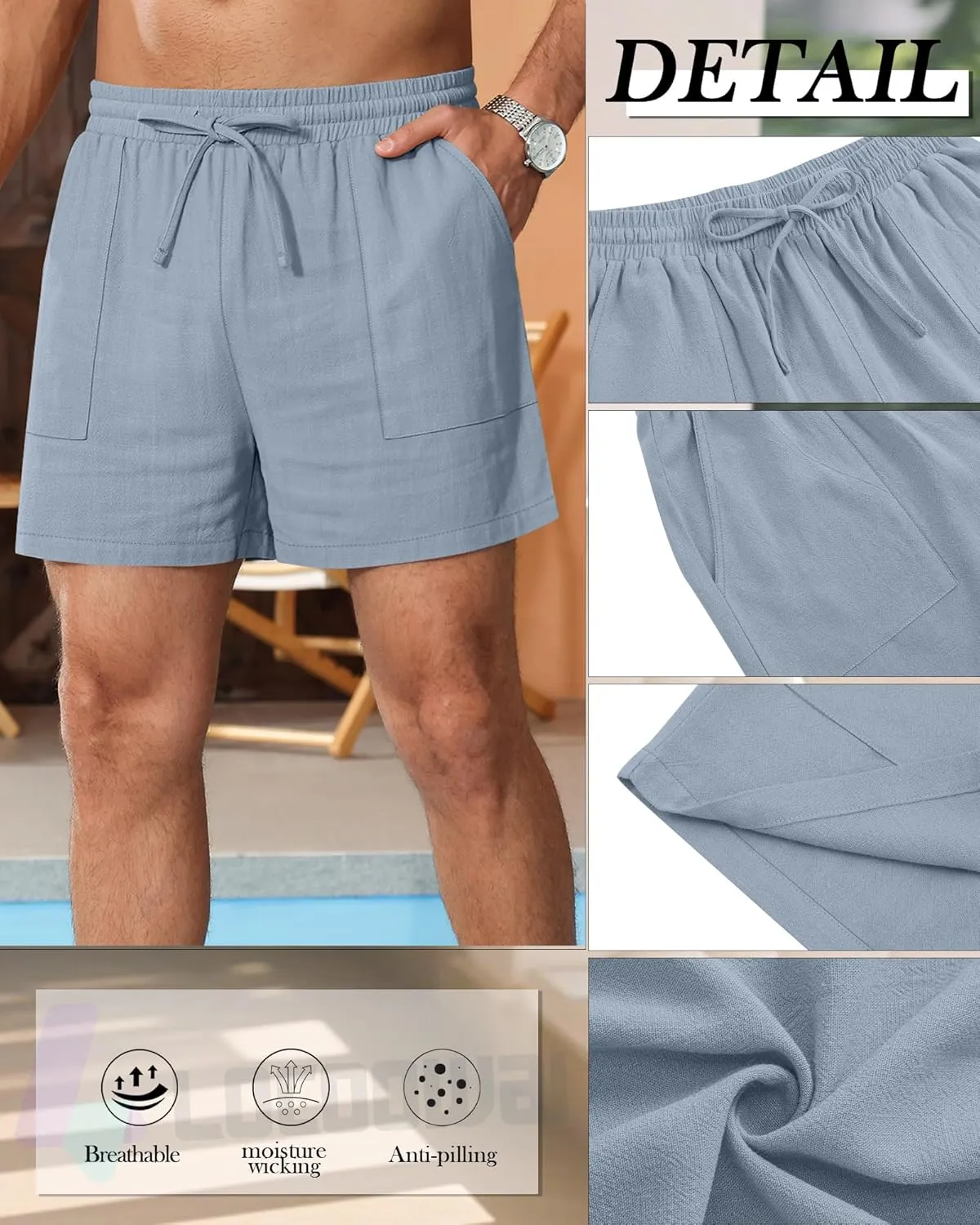 3 Pack Men's Linen Shorts, 3.5 Inch Cotton Drawstring Casual Summer Shorts Elastic Waist Beach Bottom with Pockets