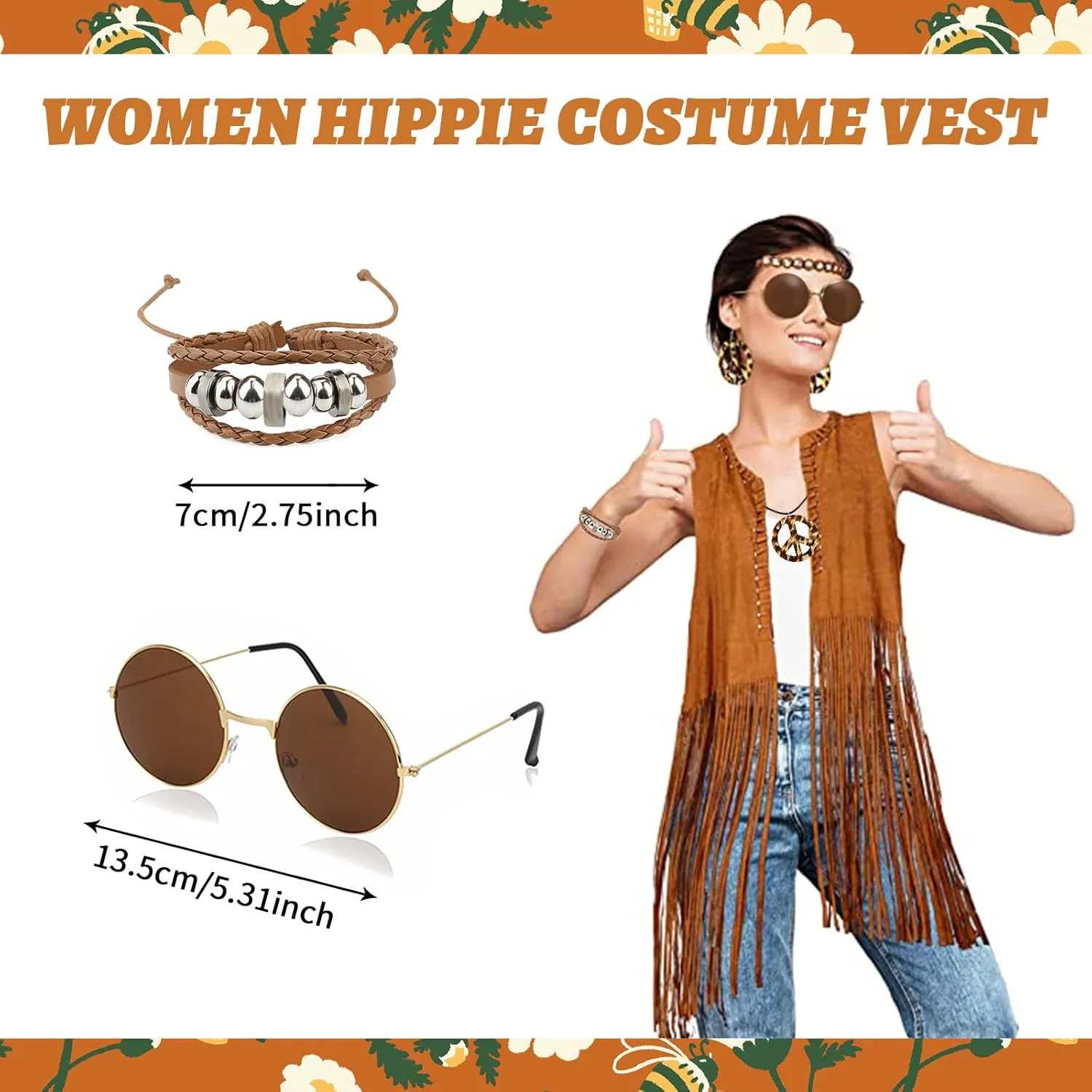 60s 70s Outfit for Women, Hippie Costume Clothes Set Hippie Accessories Peace Sign Earring Headband Fringe Vest for Party