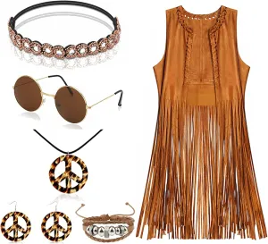 60s 70s Outfit for Women, Hippie Costume Clothes Set Hippie Accessories Peace Sign Earring Headband Fringe Vest for Party
