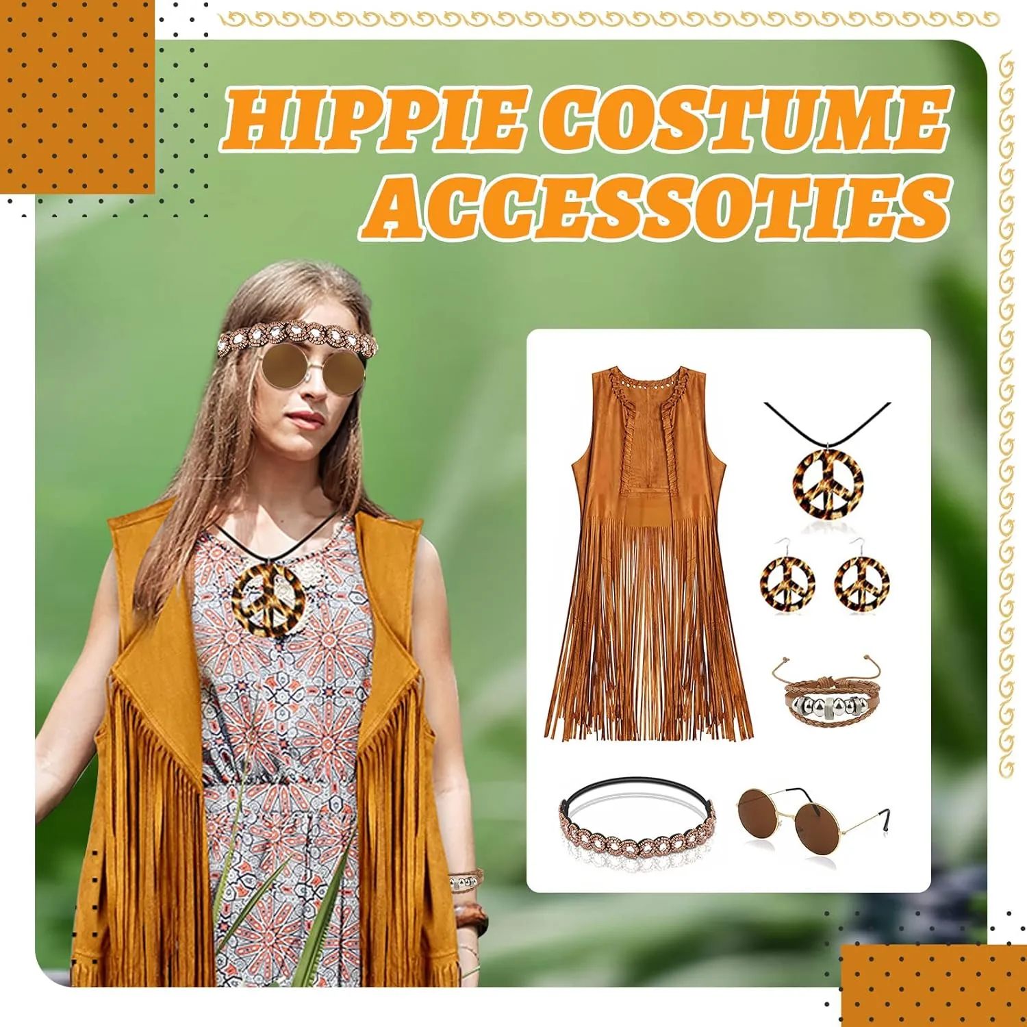 60s 70s Outfit for Women, Hippie Costume Clothes Set Hippie Accessories Peace Sign Earring Headband Fringe Vest for Party