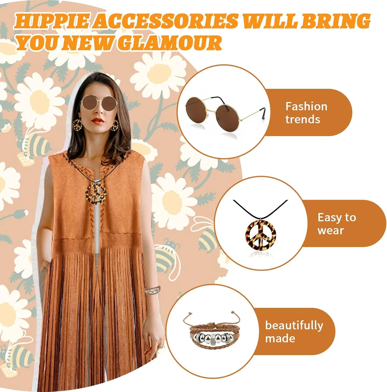 60s 70s Outfit for Women, Hippie Costume Clothes Set Hippie Accessories Peace Sign Earring Headband Fringe Vest for Party