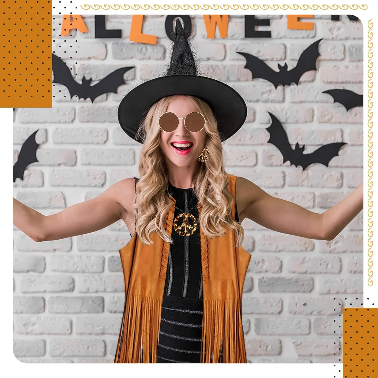 60s 70s Outfit for Women, Hippie Costume Clothes Set Hippie Accessories Peace Sign Earring Headband Fringe Vest for Party