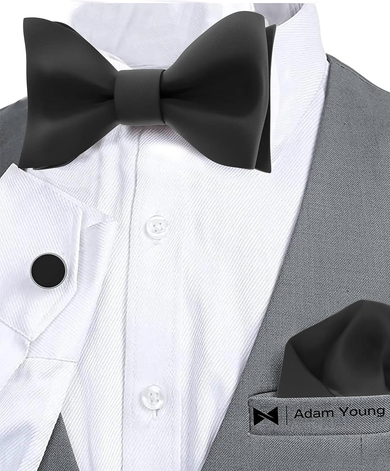 Adam Young Men's Self Tie Bow Tie Sets w/Pocket Squares & Cufflinks Sami-Glossy Satin Classy Bowtie for Tuxedo Faux Silk