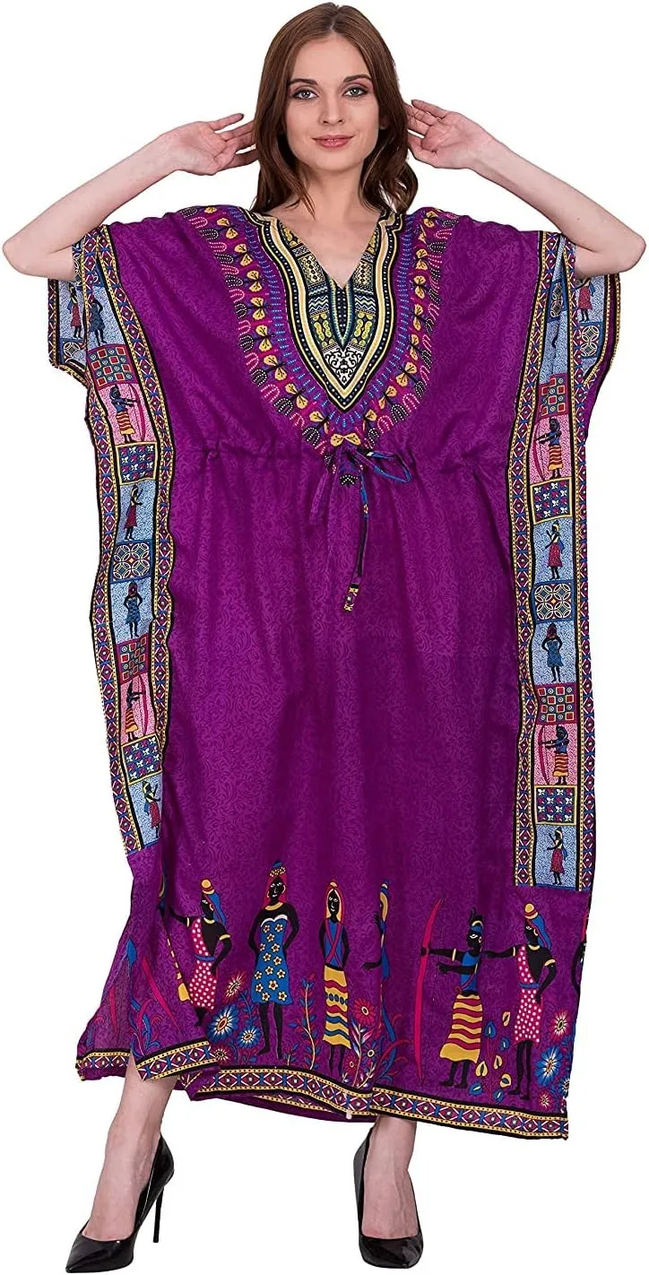 African Print Women Kaftan Dress Tunic Long Maxi Plus Size Polyester Print Caftan Gown Beach Party Casual Kimono Nightdress