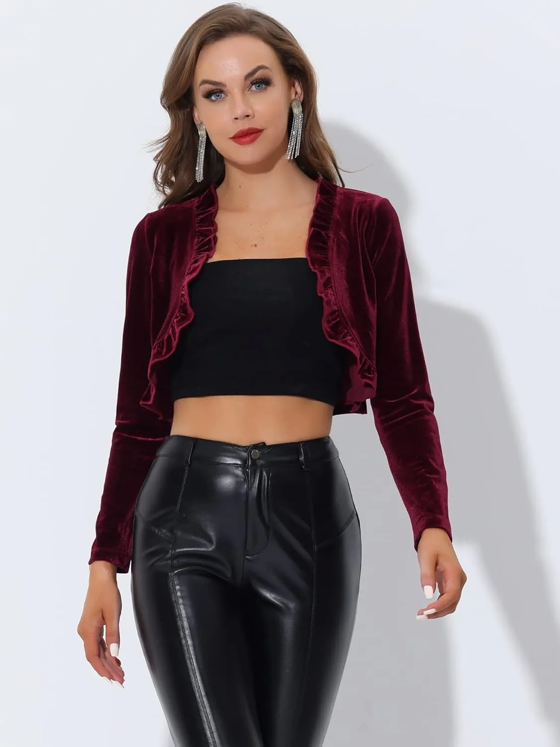 Allegra K Women's Cocktail Party Open Front Cardigan Long Sleeve Cropped Velvet Shrug Top
