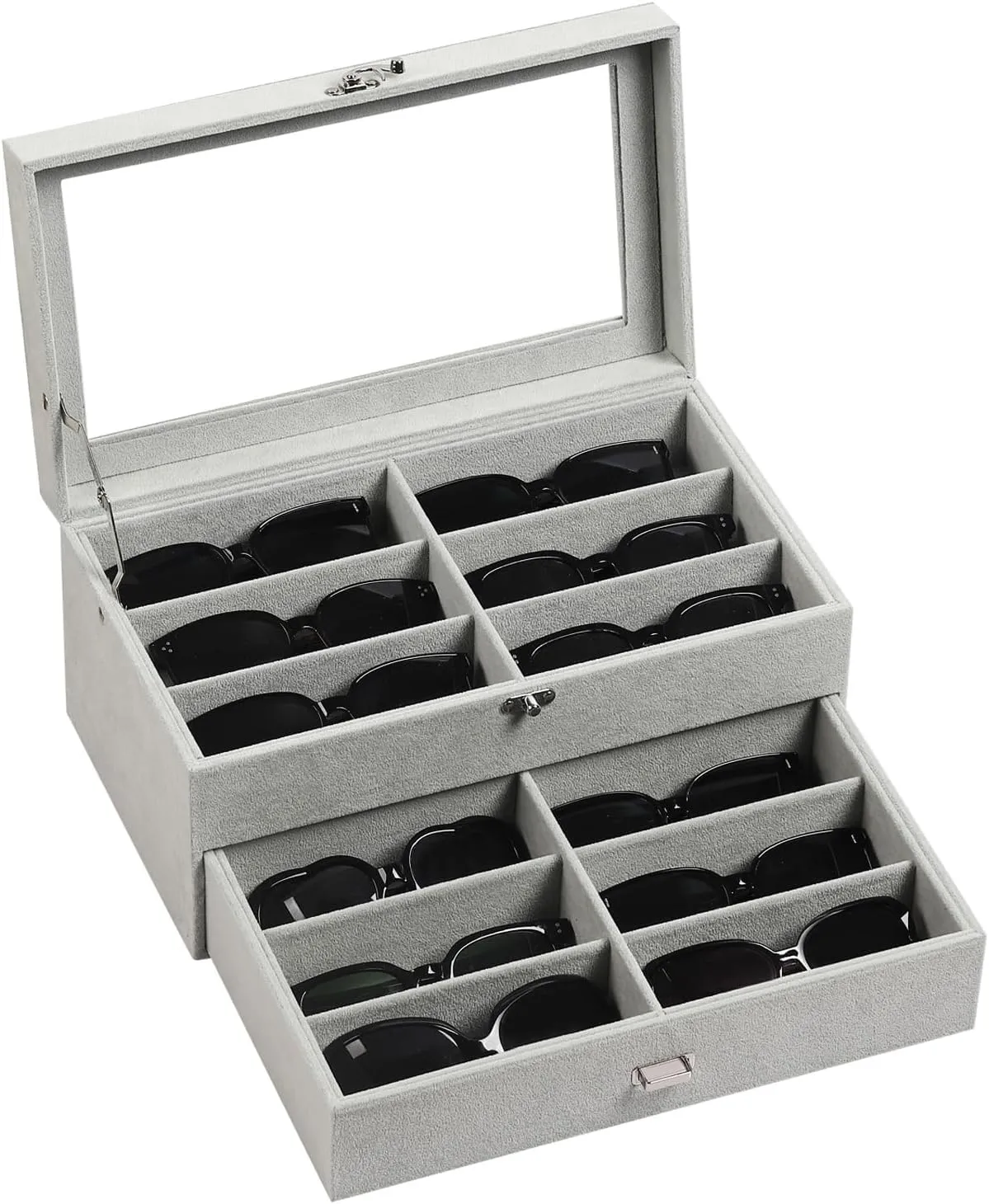 AUTOARK Ice Velvet Clear Lid 12 Piece Eyeglasses Storage and Sunglass Glasses Display Drawer Lockable Case Organizer,AW-163