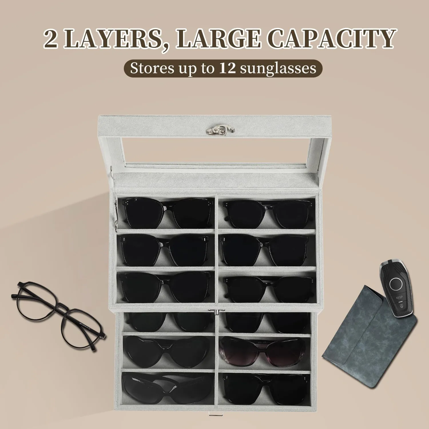AUTOARK Ice Velvet Clear Lid 12 Piece Eyeglasses Storage and Sunglass Glasses Display Drawer Lockable Case Organizer,AW-163