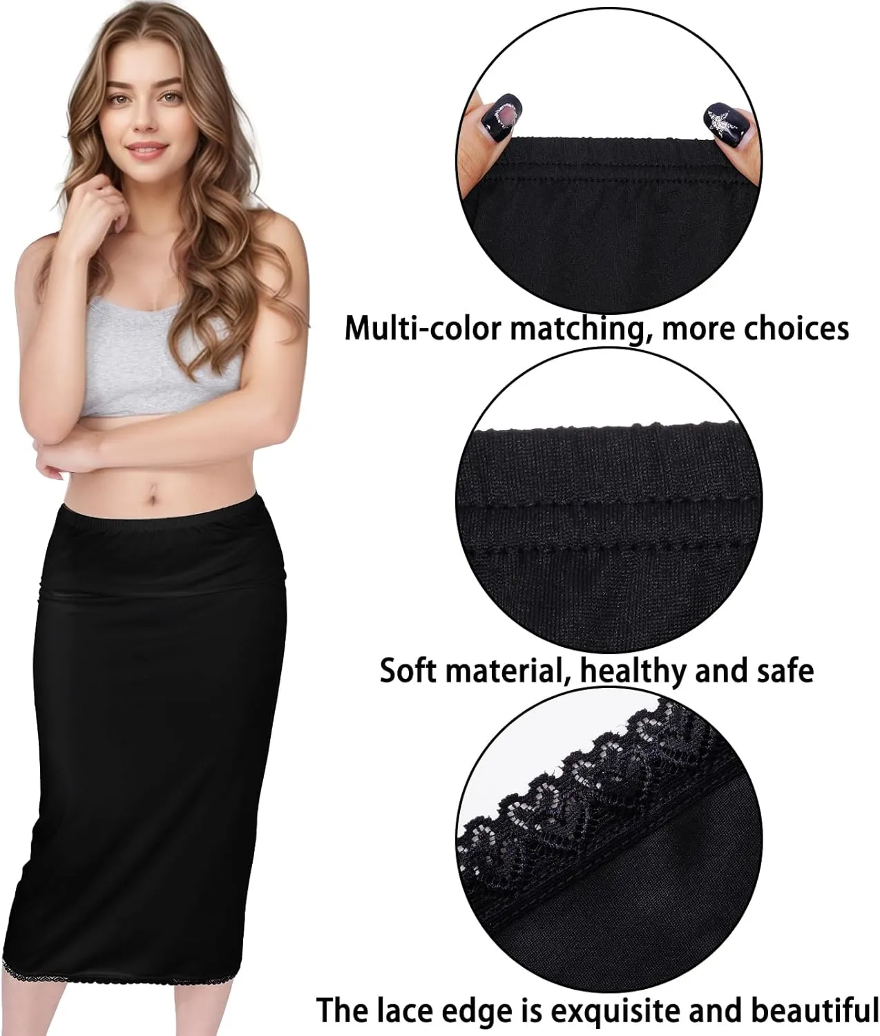 baotongle 2 Pieces Half Slips for Women 2 Kinds of Length 15 27inches Slip Under Dress Satin Lace Short Long Skirt