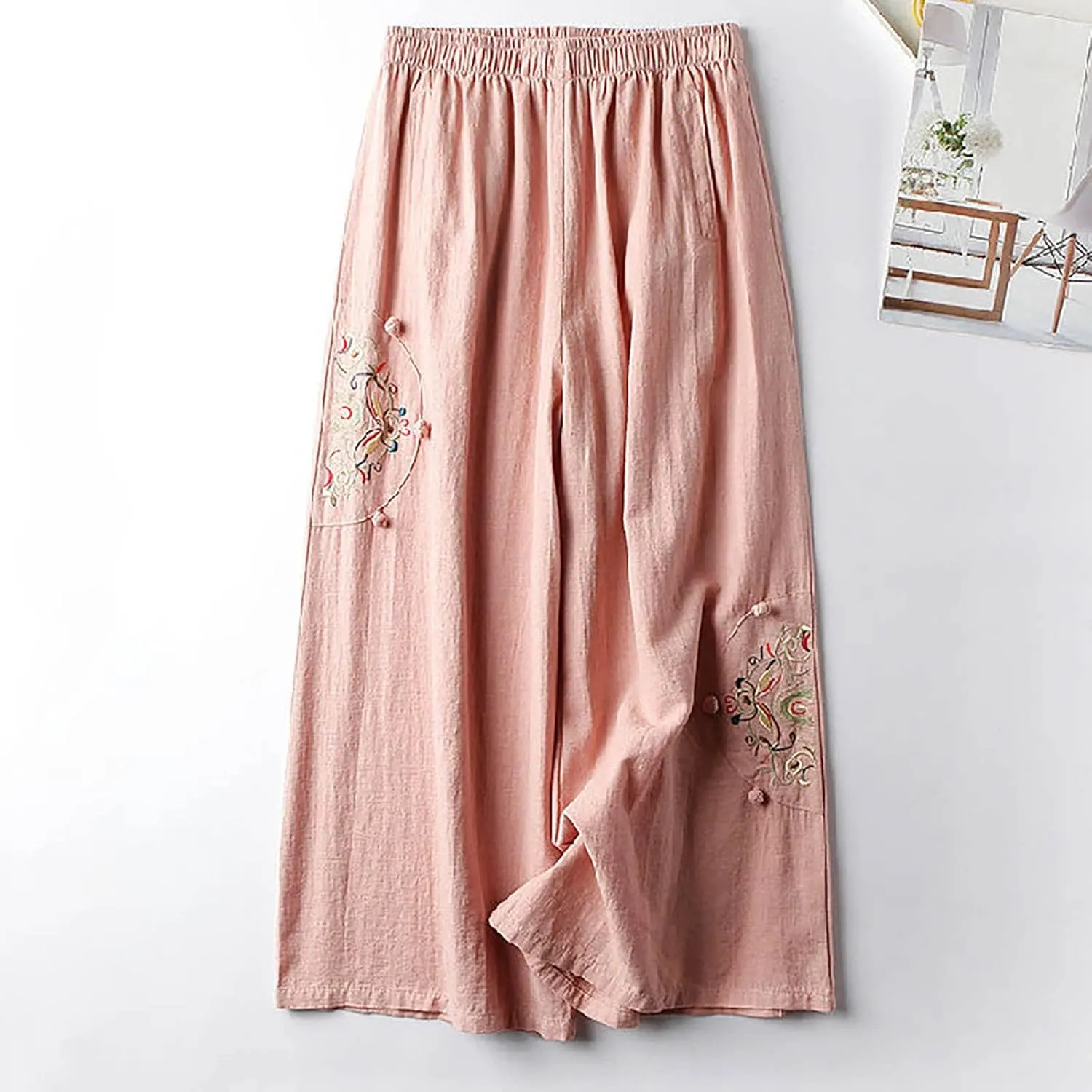 Casual Women's Linen Pants Summer Palazzo High Waisted Pants Wide Leg Slacks Beach Comfy Long Trousers with Pockets