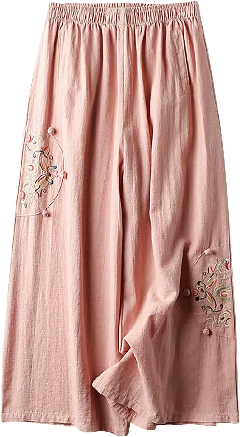 Casual Women's Linen Pants Summer Palazzo High Waisted Pants Wide Leg Slacks Beach Comfy Long Trousers with Pockets