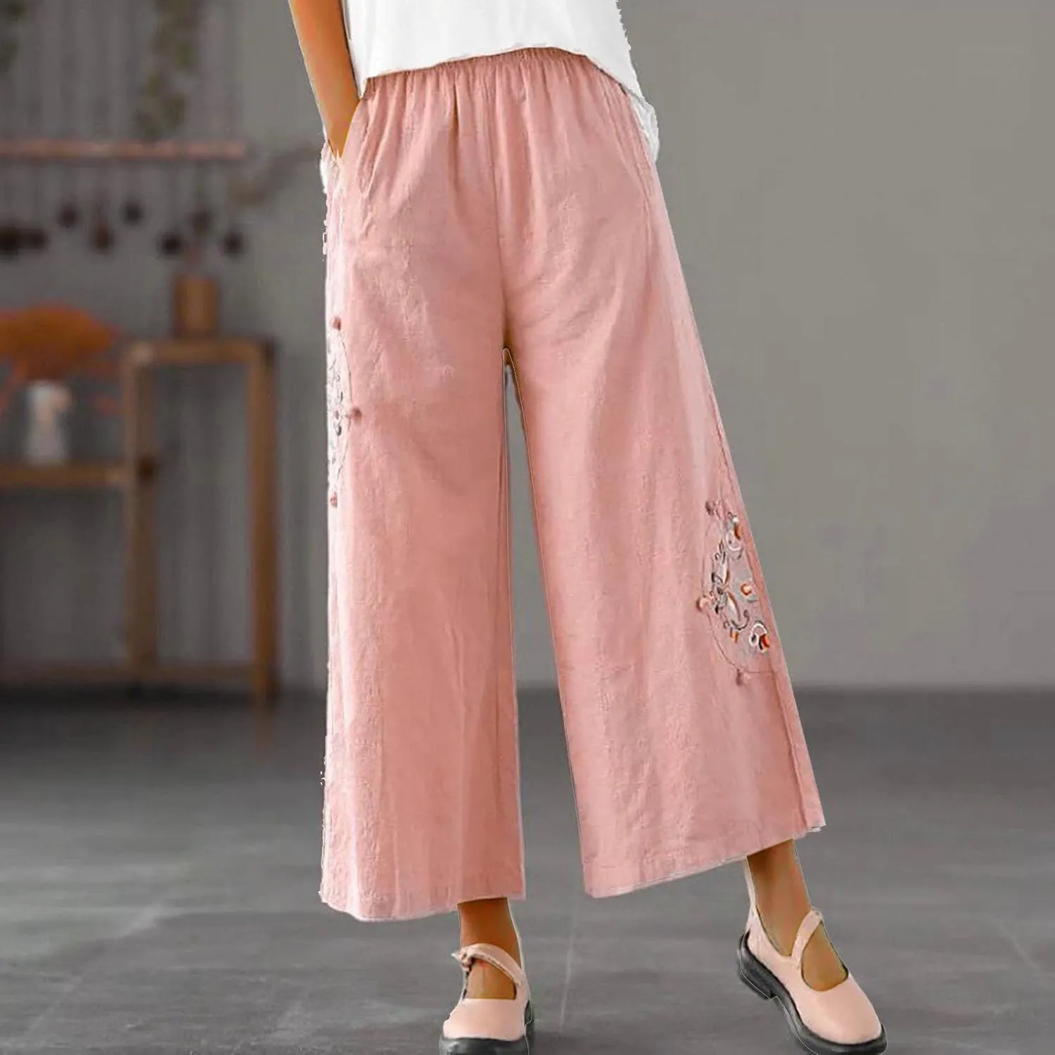 Casual Women's Linen Pants Summer Palazzo High Waisted Pants Wide Leg Slacks Beach Comfy Long Trousers with Pockets