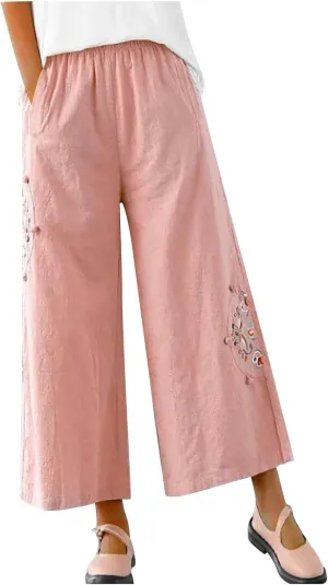 Casual Women's Linen Pants Summer Palazzo High Waisted Pants Wide Leg Slacks Beach Comfy Long Trousers with Pockets