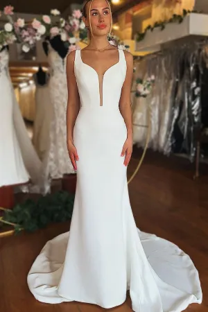 Charming Elegant Mermaid V Neck Elastic Satin Long Wedding Dress with Button VK073144