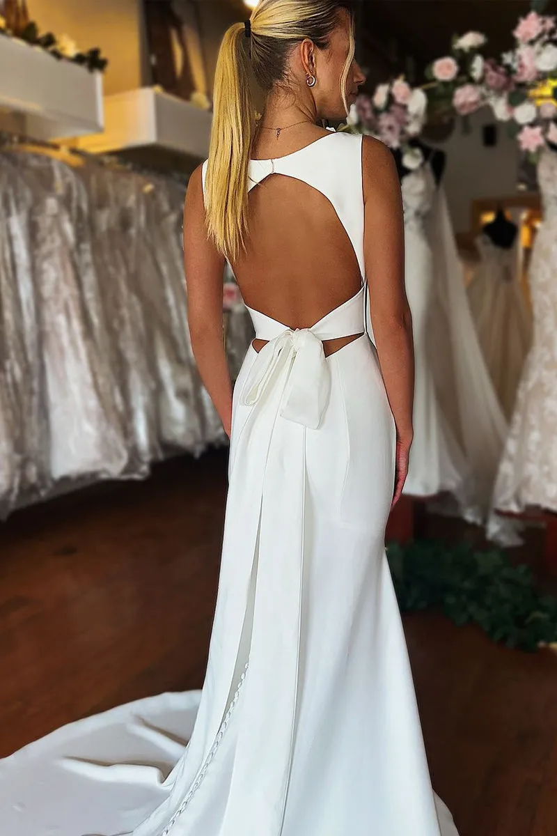 Charming Elegant Mermaid V Neck Elastic Satin Long Wedding Dress with Button VK073144