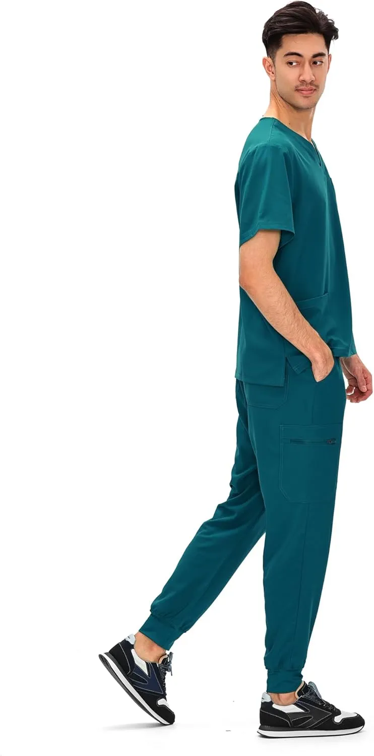 COZYFIT Scrubs for Men - 4 Pockets V-Neck Scrub Top and 7 Pockets Jogger Pants Mens Scrubs Set