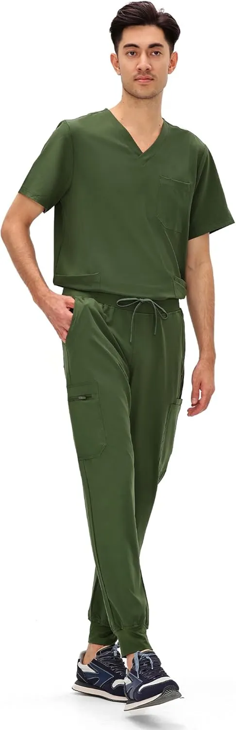 COZYFIT Scrubs for Men - 4 Pockets V-Neck Scrub Top and 7 Pockets Jogger Pants Mens Scrubs Set