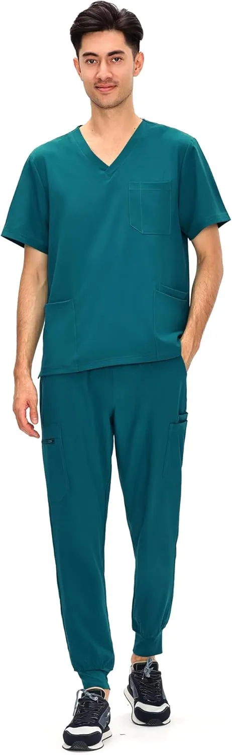 COZYFIT Scrubs for Men - 4 Pockets V-Neck Scrub Top and 7 Pockets Jogger Pants Mens Scrubs Set