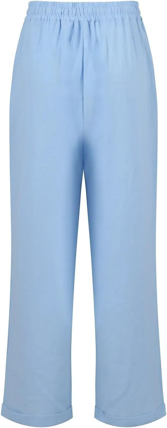Cropped Linen Pants Women Plus Size Drawstring Elastic High Waisted Joggers Lightweight Summer Ankle Pants w/Pockets