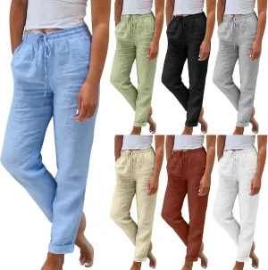 Cropped Linen Pants Women Plus Size Drawstring Elastic High Waisted Joggers Lightweight Summer Ankle Pants w/Pockets