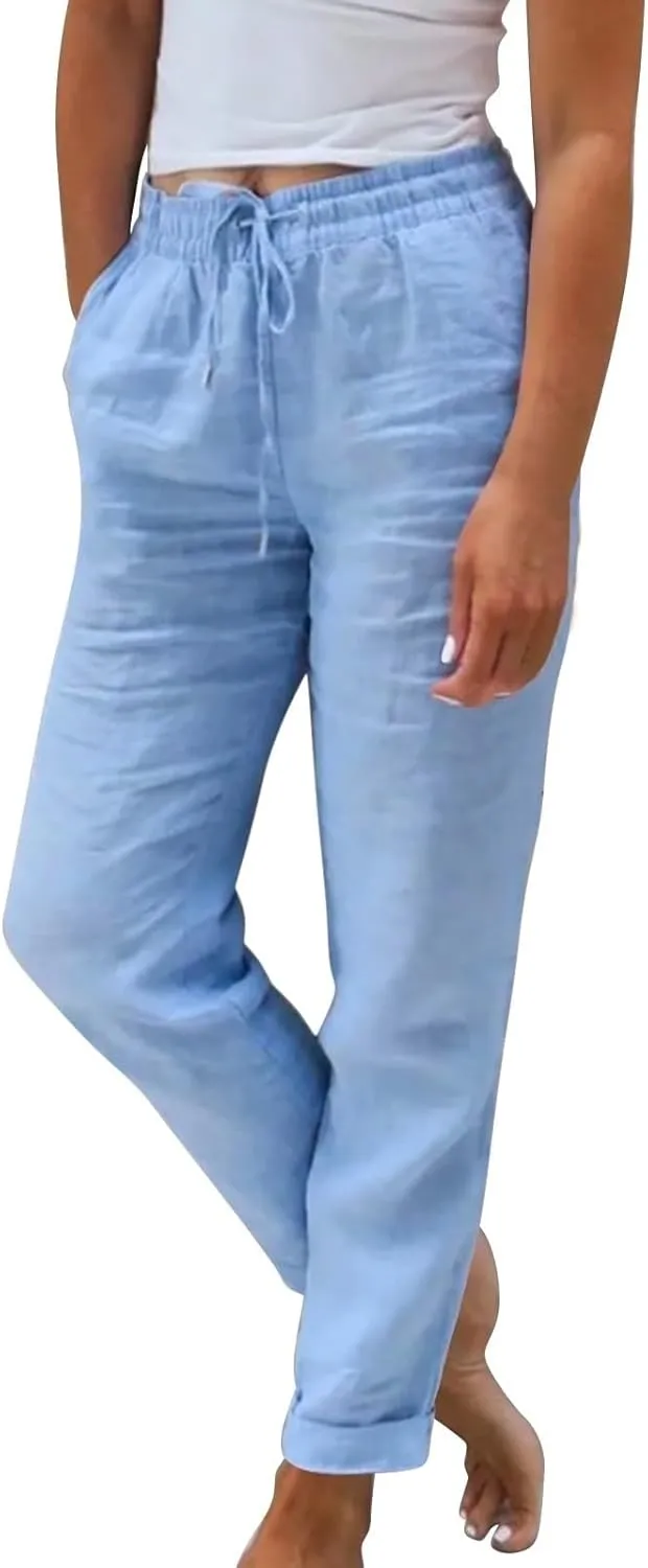 Cropped Linen Pants Women Plus Size Drawstring Elastic High Waisted Joggers Lightweight Summer Ankle Pants w/Pockets