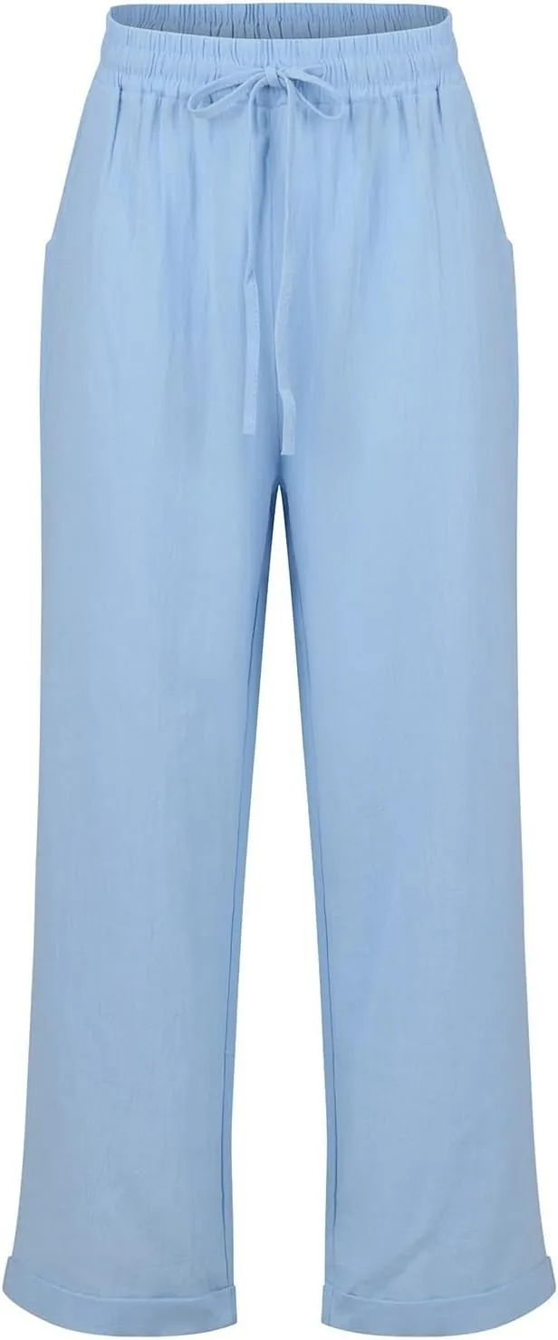 Cropped Linen Pants Women Plus Size Drawstring Elastic High Waisted Joggers Lightweight Summer Ankle Pants w/Pockets