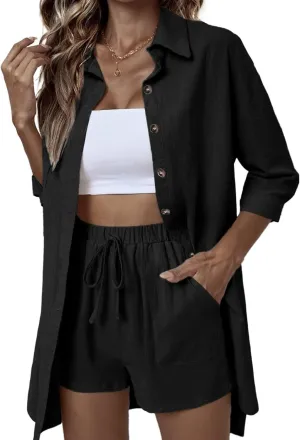 ELESOL Womens Cotton Linen Sets 2 Piece Tracksuit Button Down 3/4 Sleeve Shirt and Shorts Set Summer Beach Outfits Sets