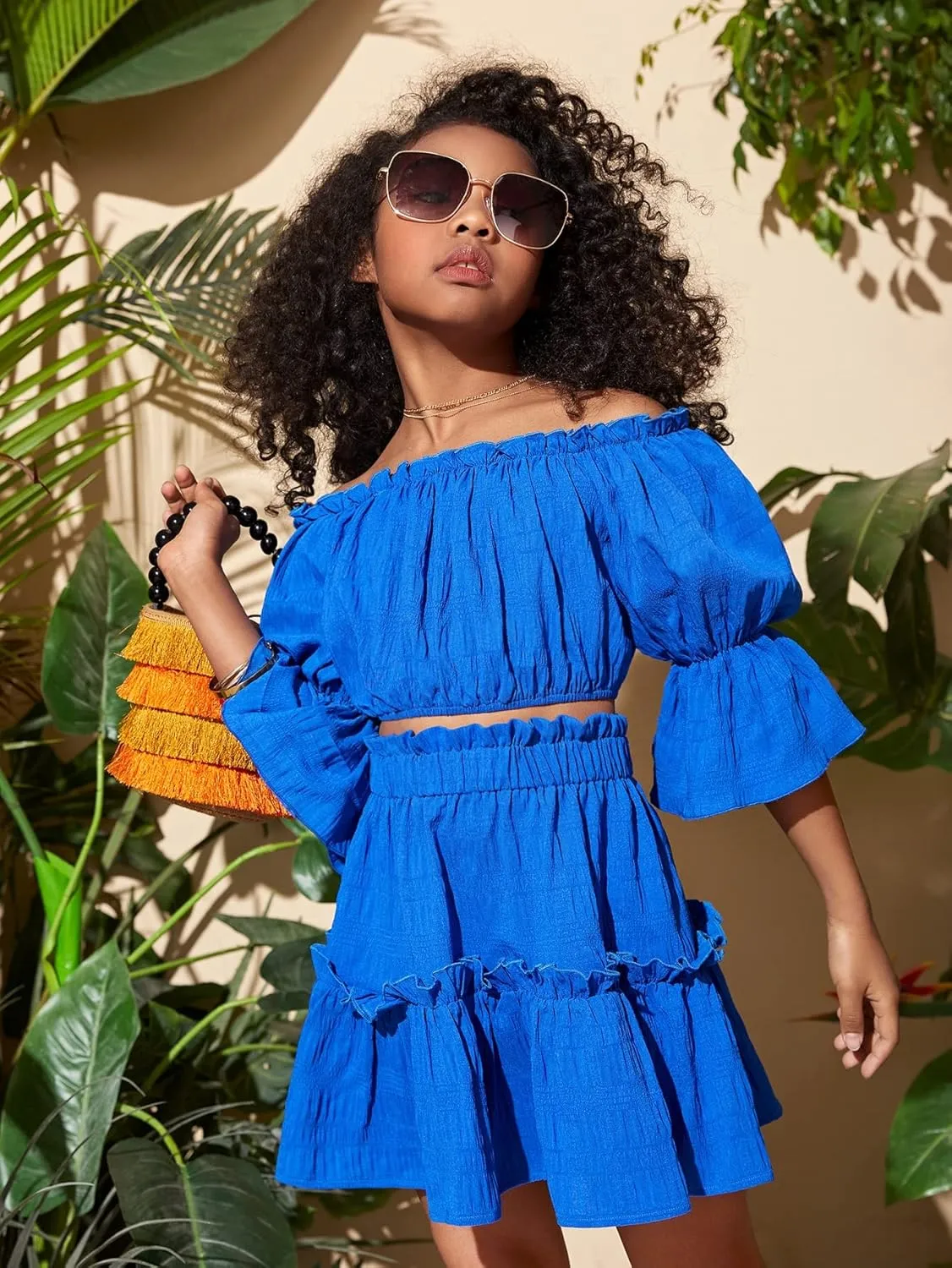 Floerns Girls 2 Piece Outfit Off Shoulder Puff Short Sleeve Blouse Top with Ruffle Skirt Set