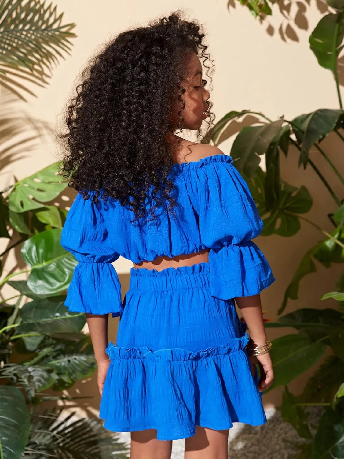 Floerns Girls 2 Piece Outfit Off Shoulder Puff Short Sleeve Blouse Top with Ruffle Skirt Set