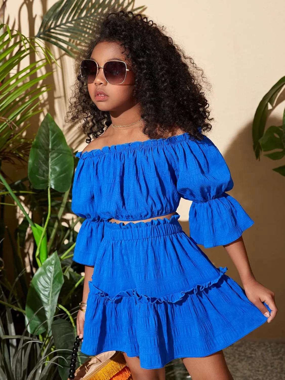 Floerns Girls 2 Piece Outfit Off Shoulder Puff Short Sleeve Blouse Top with Ruffle Skirt Set