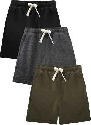Flygo 3 Pack Boys Girls Cotton Shorts Kids Elastic Waisted Athletic Pull On Running Sweat Shorts Joggers with Pockets