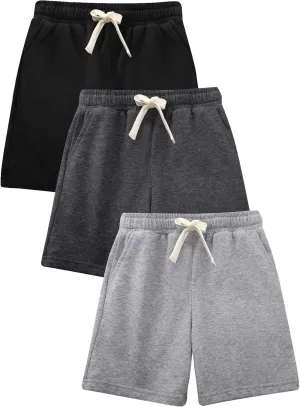 Flygo 3 Pack Boys Girls Cotton Shorts Kids Elastic Waisted Athletic Pull On Running Sweat Shorts Joggers with Pockets