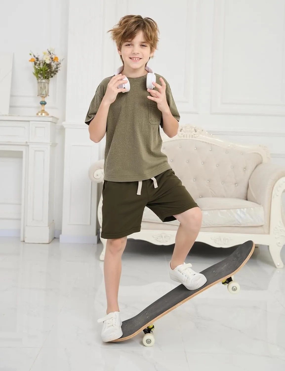 Flygo 3 Pack Boys Girls Cotton Shorts Kids Elastic Waisted Athletic Pull On Running Sweat Shorts Joggers with Pockets