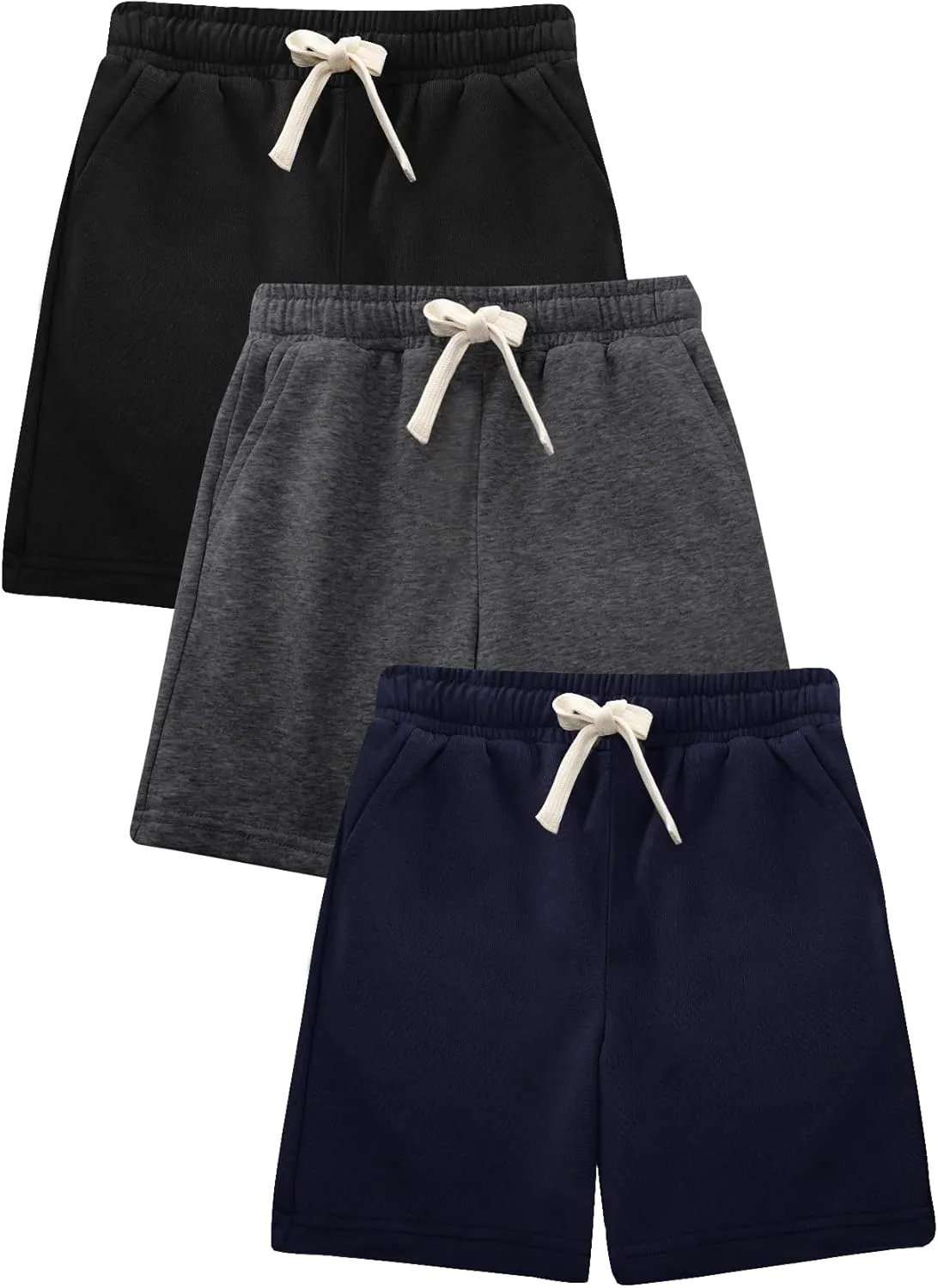 Flygo 3 Pack Boys Girls Cotton Shorts Kids Elastic Waisted Athletic Pull On Running Sweat Shorts Joggers with Pockets