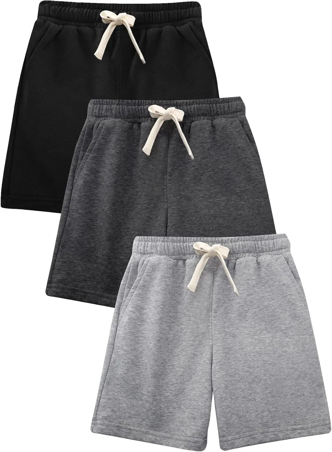 Flygo 3 Pack Boys Girls Cotton Shorts Kids Elastic Waisted Athletic Pull On Running Sweat Shorts Joggers with Pockets