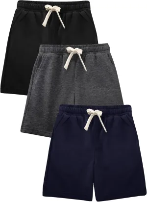 Flygo 3 Pack Boys Girls Cotton Shorts Kids Elastic Waisted Athletic Pull On Running Sweat Shorts Joggers with Pockets