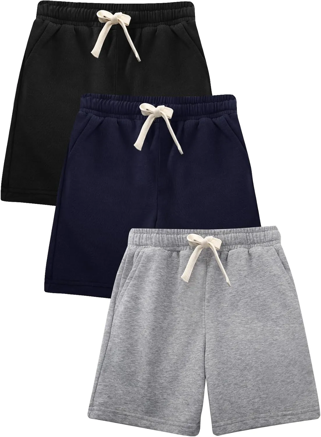 Flygo 3 Pack Boys Girls Cotton Shorts Kids Elastic Waisted Athletic Pull On Running Sweat Shorts Joggers with Pockets
