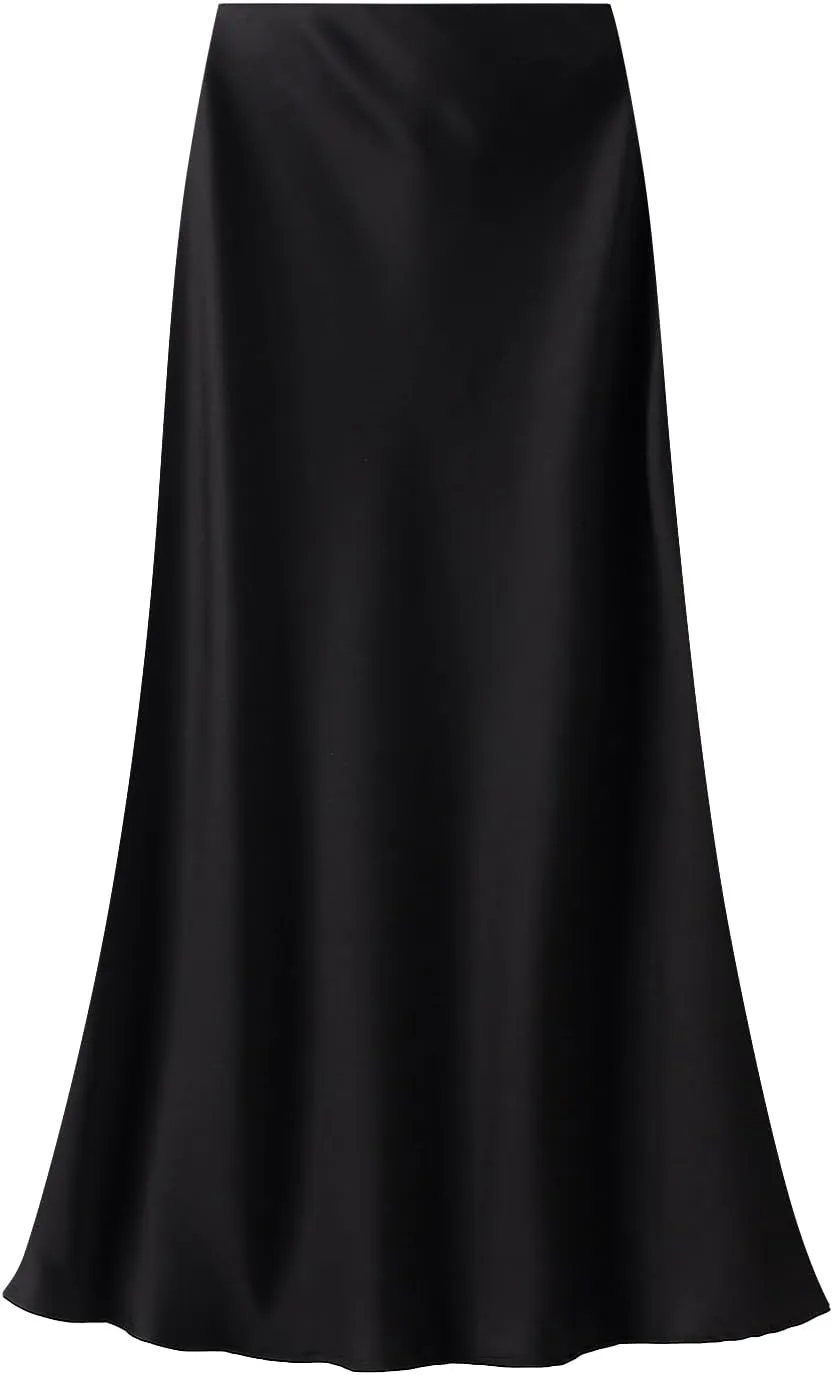 GOLDSTITCH Women's Satin High Waist Skirts Elegant Flared Casual A Line Maxi Skirt