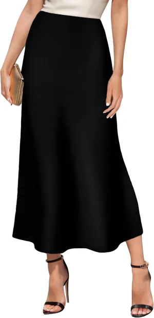 GOLDSTITCH Women's Satin High Waist Skirts Elegant Flared Casual A Line Maxi Skirt
