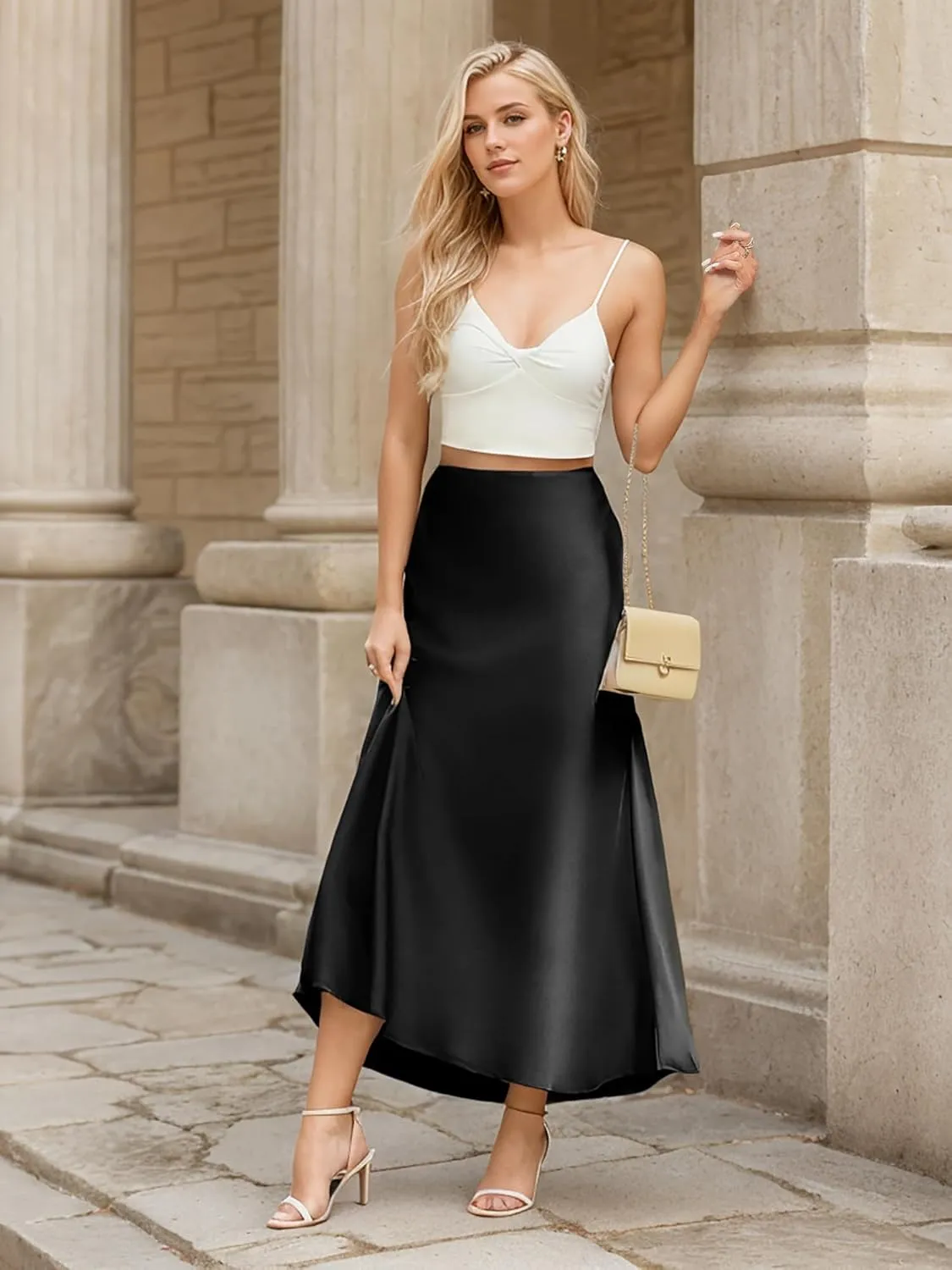 GOLDSTITCH Women's Satin High Waist Skirts Elegant Flared Casual A Line Maxi Skirt